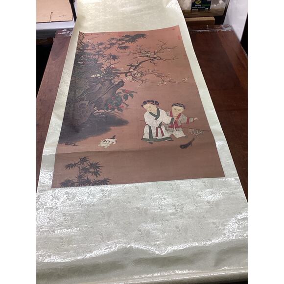 Children At Play On A Winter’s Day - Ink/Color On Silk - Scroll Painting -74x26” - Picture 1 of 12